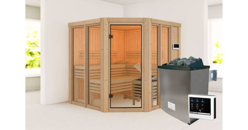 Karibu Sauna Airi ohne Dachkranz + 9 kW Ofen mit ext. Steuerung