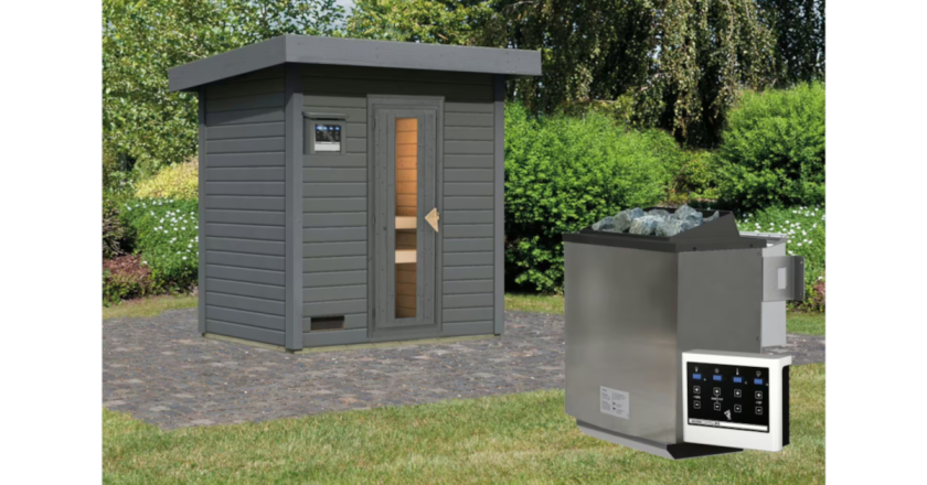 Karibu Sauna Hytti 1 terragrau mit 9 kW Bio-Ofen mit externer Steuerung