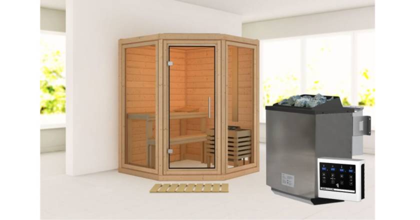 Karibu Sauna Yuma mit 9 kW Bio-Ofen mit externer Steuerung