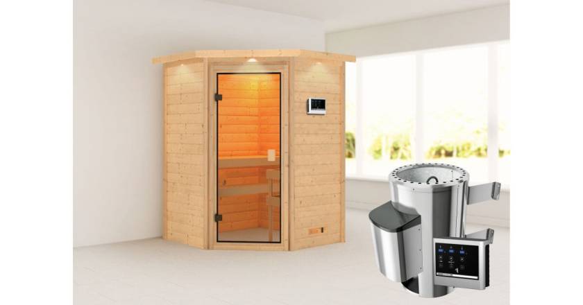 Karibu Ecksauna Antonia mit Dachkranz + 3,6kW Plug&Play Ofen externe Steuerung