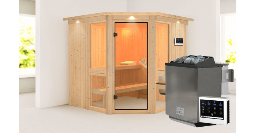 Karibu Sauna Amelia 2 mit Dachkranz + 9 kW BIO-Kombiofen mit ext. Steuerung
