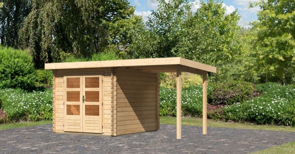 Karibu Gartenhaus Bastrup 4 mit Anbau 2m 28mm Blockbohlenhaus 420x297cm unbehandelt