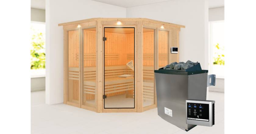 Karibu Sauna Ainur mit Dachkranz + 9kW Saunaofen mit ext. Steuerung