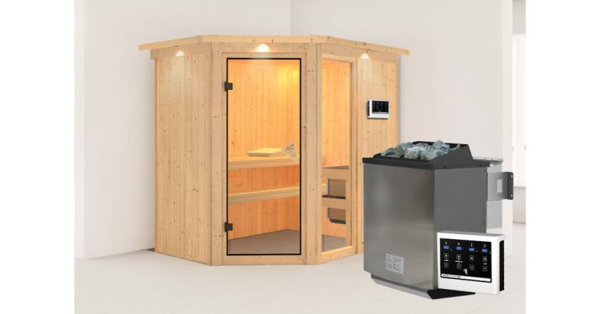 Karibu Sauna Fiona 1 mit Dachkranz + 9kW BIO-Kombiofen mit ext. Steuerung Easy