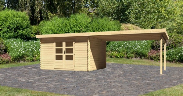 Karibu Gartenhaus Bastrup 7 mit Anbau 4m 28mm Blockbohlenhaus 740x297cm unbehandelt