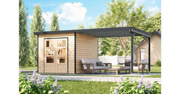 Karibu Hybrid Gartenhaus Pluto 3 A mit Anbau 3 m 544 x 240,5 cm naturbelassen