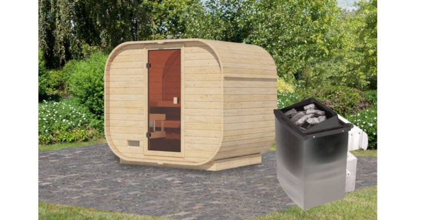 Karibu Fasssauna Quadro 1 Plus mit 9 kW Ofen mit integrierter Steuerung