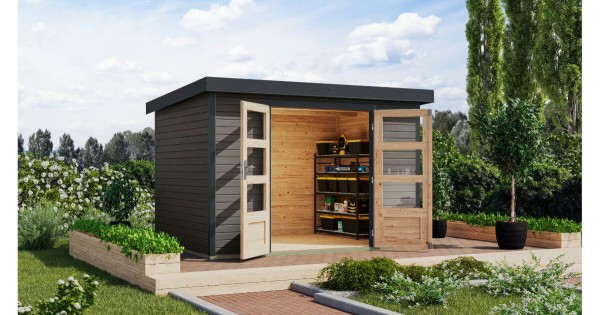 Karibu Hybrid Gartenhaus Jupiter 5 B 19 mm Blockbohlenhaus 299x243 cm terragrau