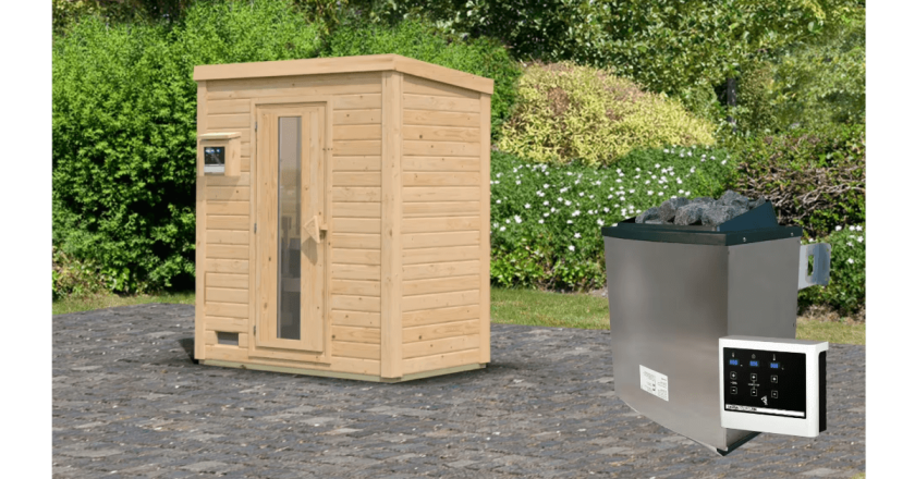 Karibu Sauna Hytti 0 naturbelassen mit 9 kW Ofen mit externer Steuerung