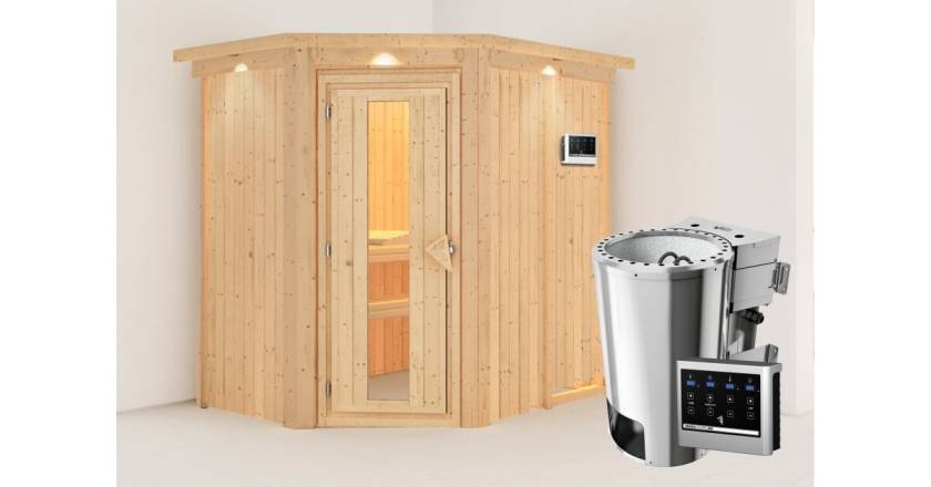 Karibu Sauna Saja mit Dachkranz + 3,6kW BIO-Kombiofen mit ext. Steuerung Easy