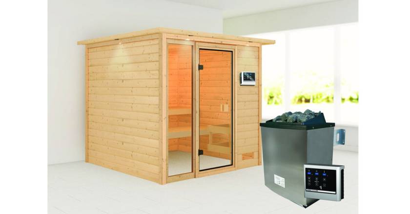 Karibu Sauna Jutta mit Dachkranz + 9kW Saunaofen mit ext. Steuerung