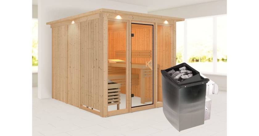 Karibu Sauna Askja mit Dachkranz + 9kW Saunaofen mit integrierter Steuerung