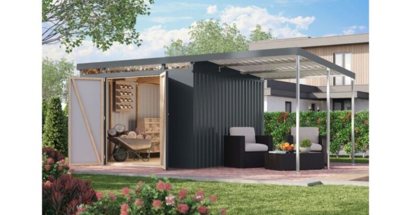 Karibu Metallhaus Iridium 3,5 Anthrazit mit Anbaudach 497 x 292 cm