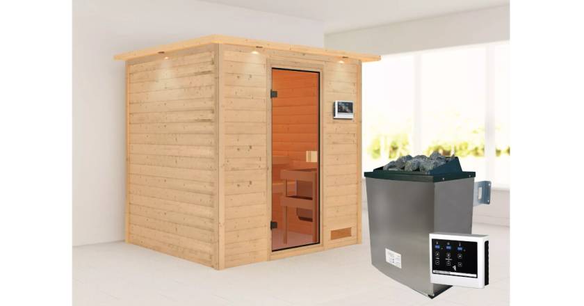 Karibu Sauna Adelina mit Dachkranz + 9kW Saunaofen mit integrierter Steuerung
