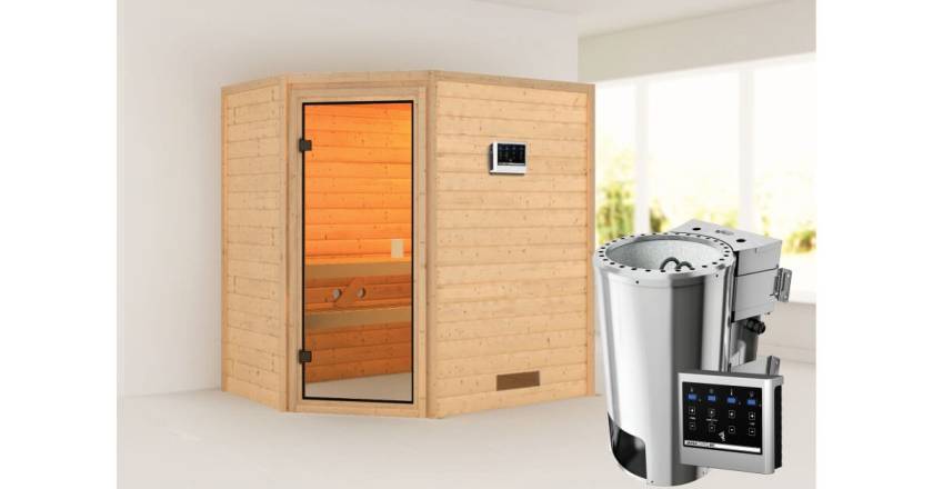 Karibu Ecksauna Jella + 3,6kW Plug&Play BIO Kombi-Ofen externe Steuerung