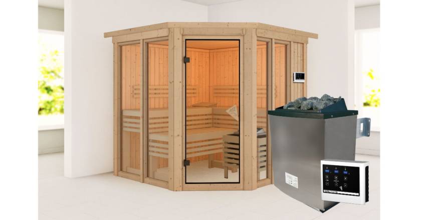 Karibu Sauna Airi mit Dachkranz + 9 kW Ofen mit ext. Steuerung