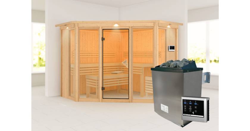 Karibu Sauna Alcinda mit Dachkranz + 9kW Saunaofen mit ext. Steuerung