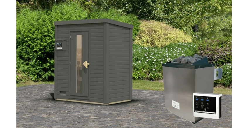 Karibu Sauna Hytti 0 terragrau mit 9 kW Ofen mit externer Steuerung