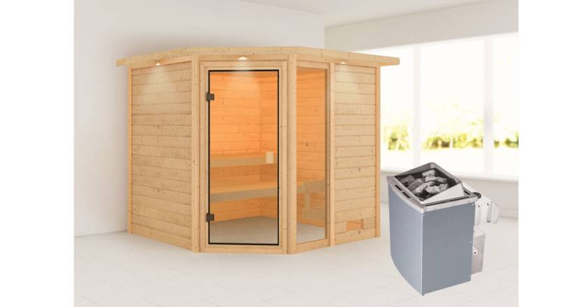 Karibu Sauna Tabea mit Dachkranz + 9kW Saunaofen mit integrierter Steuerung