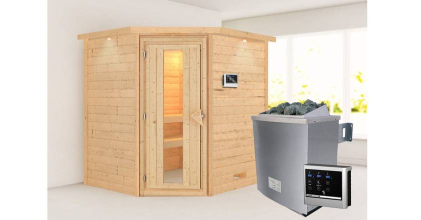 Karibu Sauna Mia mit Dachkranz + 9kW Saunaofen mit ext. Steuerung Easy