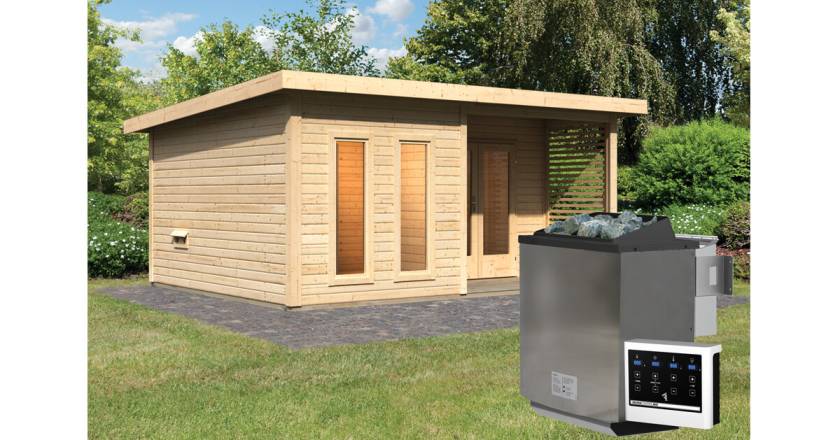 Karibu Sauna Mainburg 5 naturbelassen mit Vorraum + 9 kW BIO-Kombiofen mit ext. Steuerung Easy