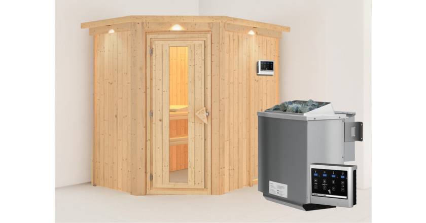 Karibu Sauna Carin mit Dachkranz+ 9kW BIO-Kombiofen mit ext. Steuerung Easy