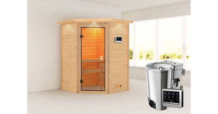 Karibu Ecksauna Antonia mit Dachkranz + 3,6kW Plug&Play BIO Kombi-Ofen externe Steuerung