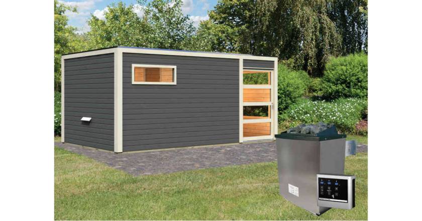 Karibu Sauna Hygge Terragrau +9 kW Saunaofen mit ext. Steuerung Easy