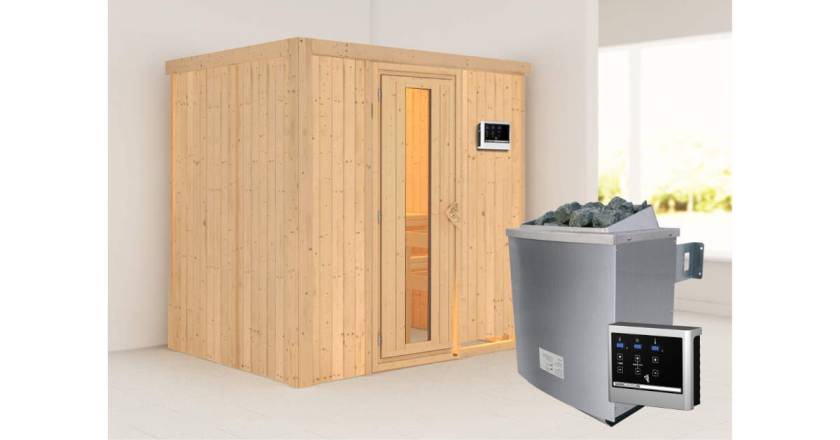 Karibu Sauna Bodin + 9kW Saunaofen mit ext. Steuerung Easy