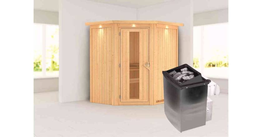 Karibu Sauna Taurin mit Dachkranz + 9kW Saunaofen mit integr. Steuerung