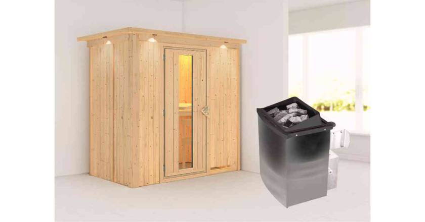 Karibu Sauna Variado mit Dachkranz + 9kW Saunaofen mit integr. Steuerung