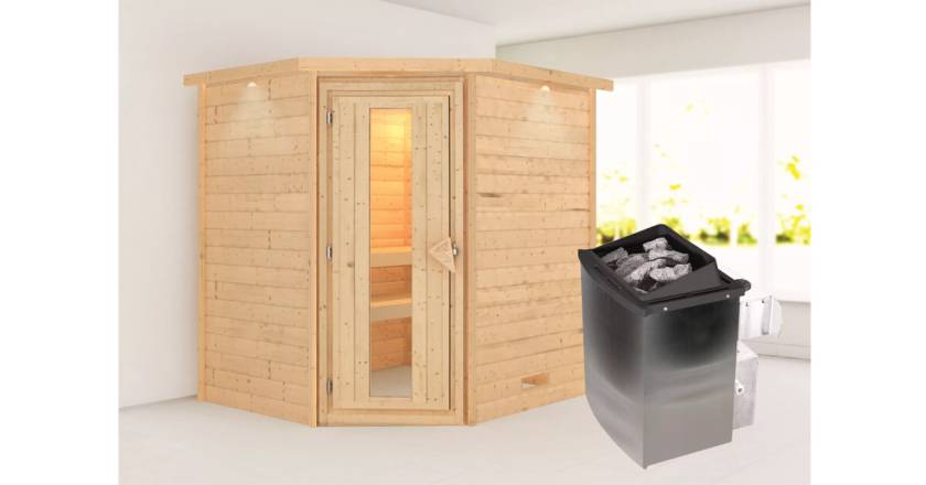 Karibu Sauna Mia mit Dachkranz + 9kW Saunaofen mit integrierter Steuerung