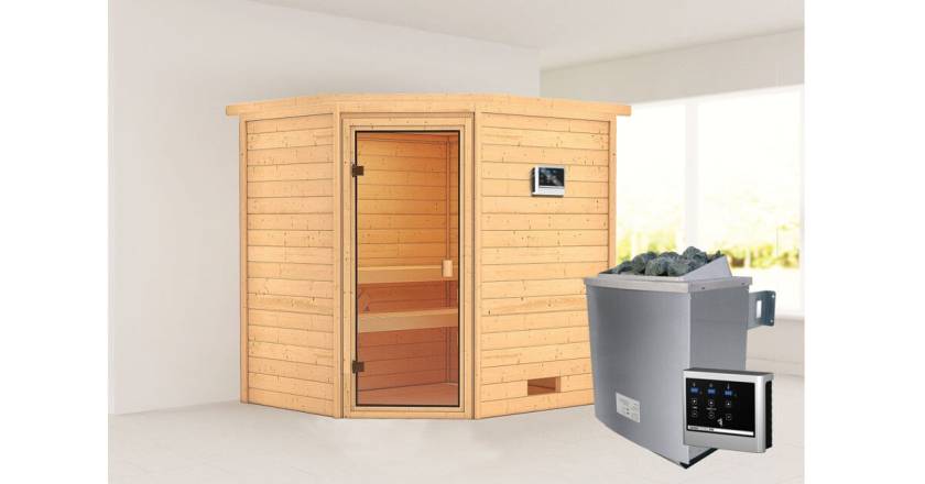 Karibu Elea Ecksauna + 9kW Saunaofen mit externer Steuerung Easy