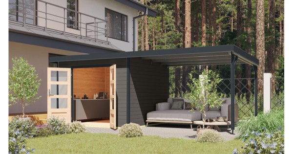 Karibu Hybrid Gartenhaus Pluto 6 B 28 mm Blockbohlenhaus 271x271 cm mit Anbau 3 m terragrau