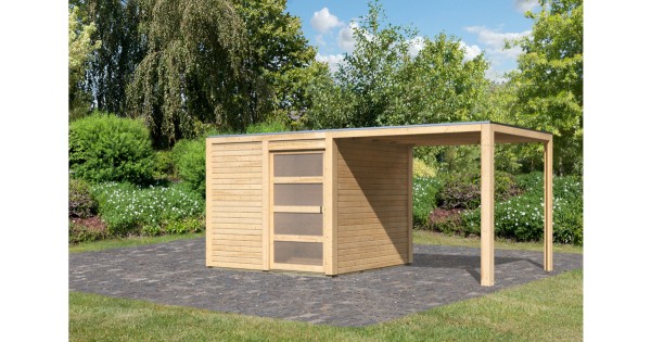 Karibu Gartenhaus 19 mm Qubic 1 mit Anbau 484 x 246 cm naturbelassen