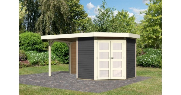 Karibu Gartenhaus 19mm Goldendorf 3 mit Anbau + Rückwand 433x217 cm terragrau