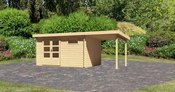 Karibu Gartenhaus Bastrup 8 mit Anbau 2m 28mm Blockbohlenhaus 570x297cm unbehandelt