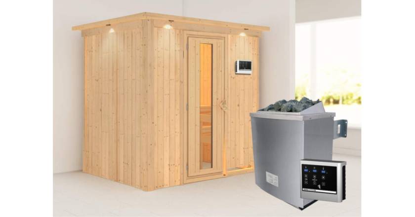 Karibu Sauna Bodin mit Dachkranz + 9kW Saunaofen mit ext. Steuerung Easy