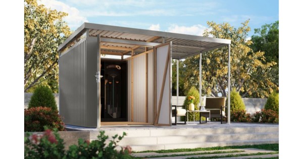 Karibu Metallhaus Aurum 2,5 mit Anbaudach Graualuminium 414 x 292 cm