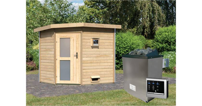 Karibu Sauna Mikka naturbelassen + 9 kW Saunaofen mit ext. Steuerung Easy