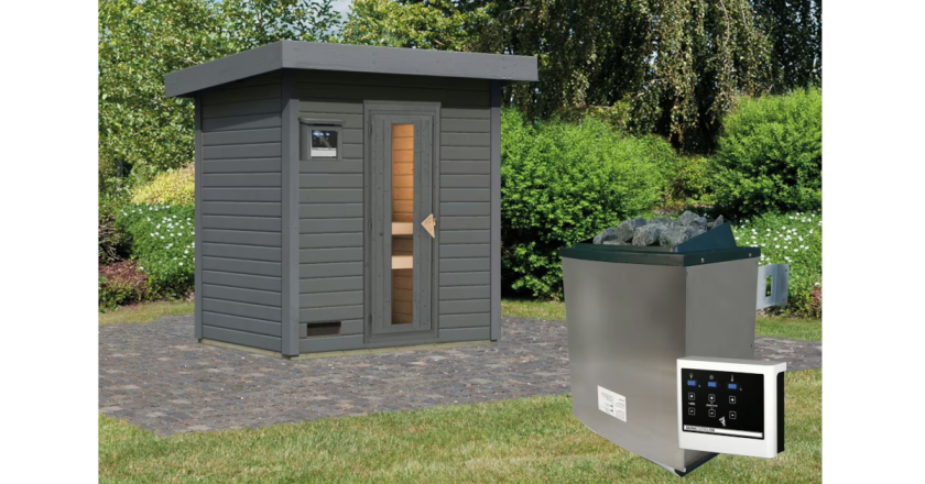 Karibu Sauna Hytti 1 terragrau mit 9 kW Ofen mit externer Steuerung