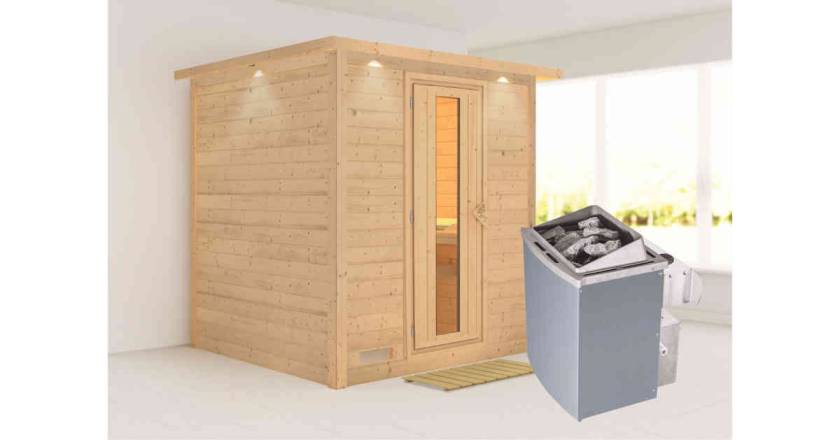 Karibu Sauna Mojave mit Dachkranz + 9kW Saunaofen mit integr. Steuerung