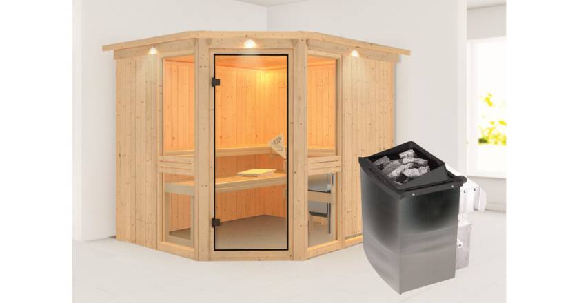 Karibu Sauna Amelia 3 mit Dachkranz + 9kW Saunaofen mit integrierter Steuerung