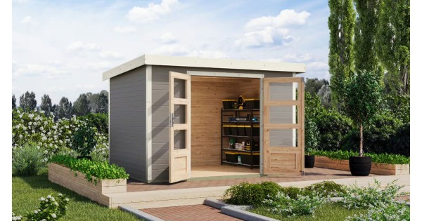 Karibu Hybrid Gartenhaus Jupiter 4 D 19 mm Blockbohlenhaus 299x214 cm wassergrau