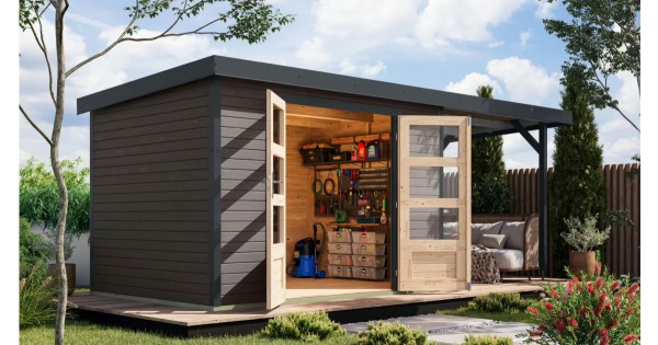 Karibu Hybridhaus Jupiter 4 B mit Anbau 299 x 214 cm terragrau