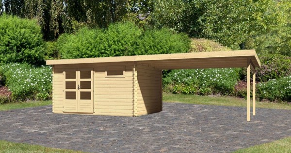 Karibu Gartenhaus Bastrup 8 mit Anbau 4m 28mm Blockbohlenhaus 770x297cm unbehandelt