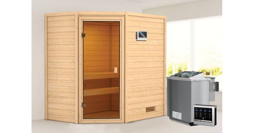 Karibu Ecksauna Jella + 9kW BIO-Kombiofen mit ext. Steuerung Easy