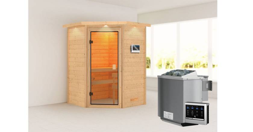 Karibu Ecksauna Antonia mit Dachkranz + 9kW BIO-Kombiofen mit ext. Steuerung Easy