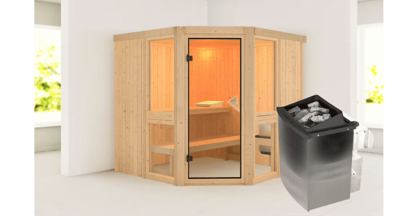 Karibu Sauna Amelia 2 ohne Dachkranz + 9 kW Ofen mit integrierter Steuerung