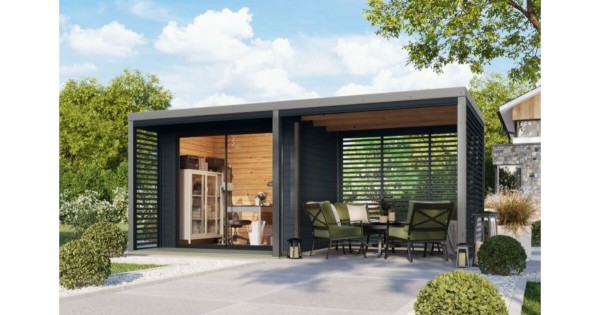 Karibu Gartenhaus Saturn B Anthrazit / Graualuminium mit Anbaudach 537,5 x 276 cm